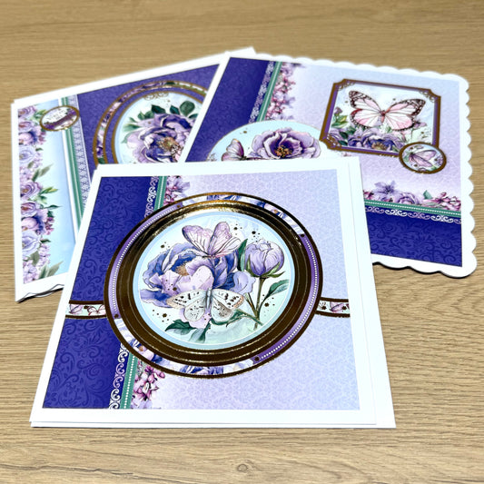Three Handmade Cards: Butterflies & Flowers - Purples & Lilac