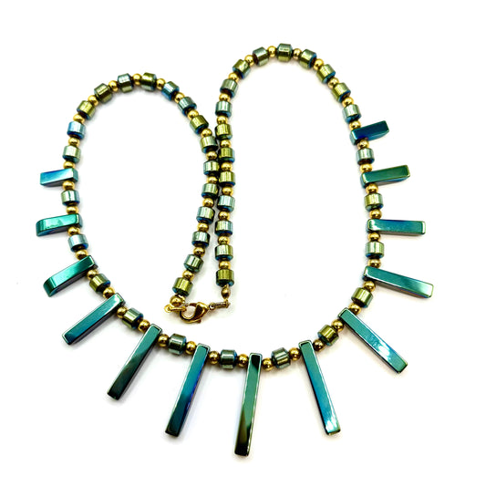 Handmade Hematite Bead Necklace - Greens & Golds