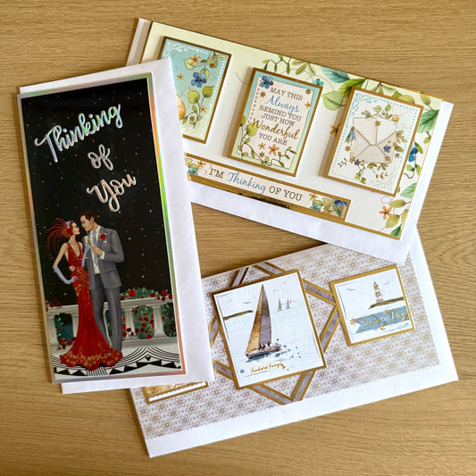 Three Handmade Slimline Cards: Art Deco Couple, Boats & ‘Thinking Of You’