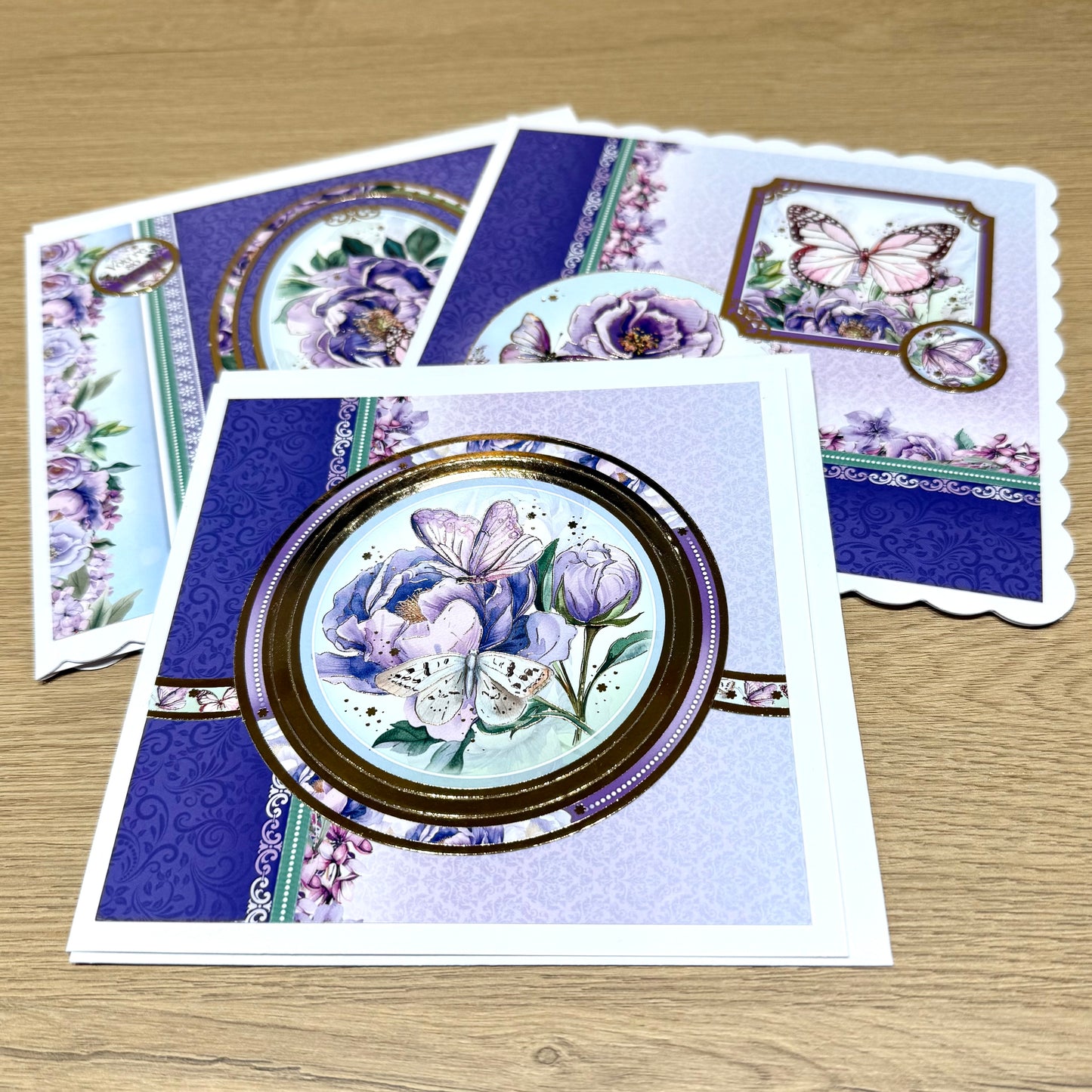 Three Handmade Cards: Butterflies & Flowers - Purples & Lilac