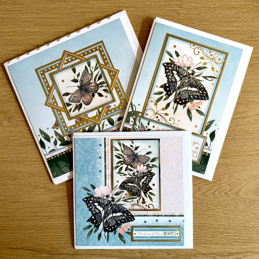 Three Handmade Cards: Butterflies - Greens & Pale Pink