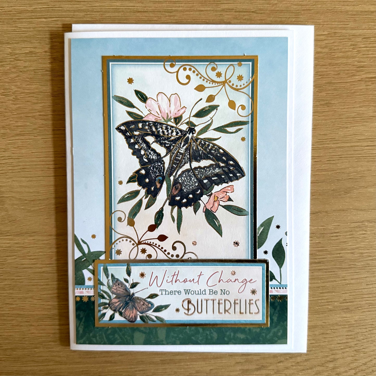 Three Handmade Cards: Butterflies - Greens & Pale Pink