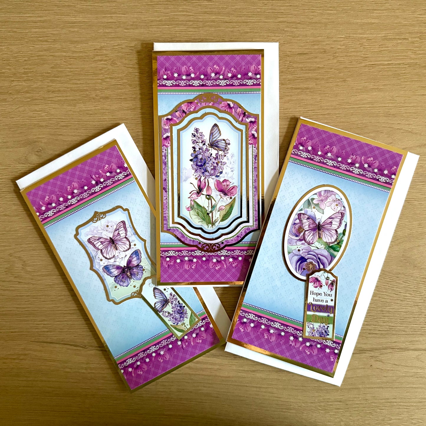 Three 8”x 4” Handmade Cards: Butterflies - Deep Pink & Pale Blue