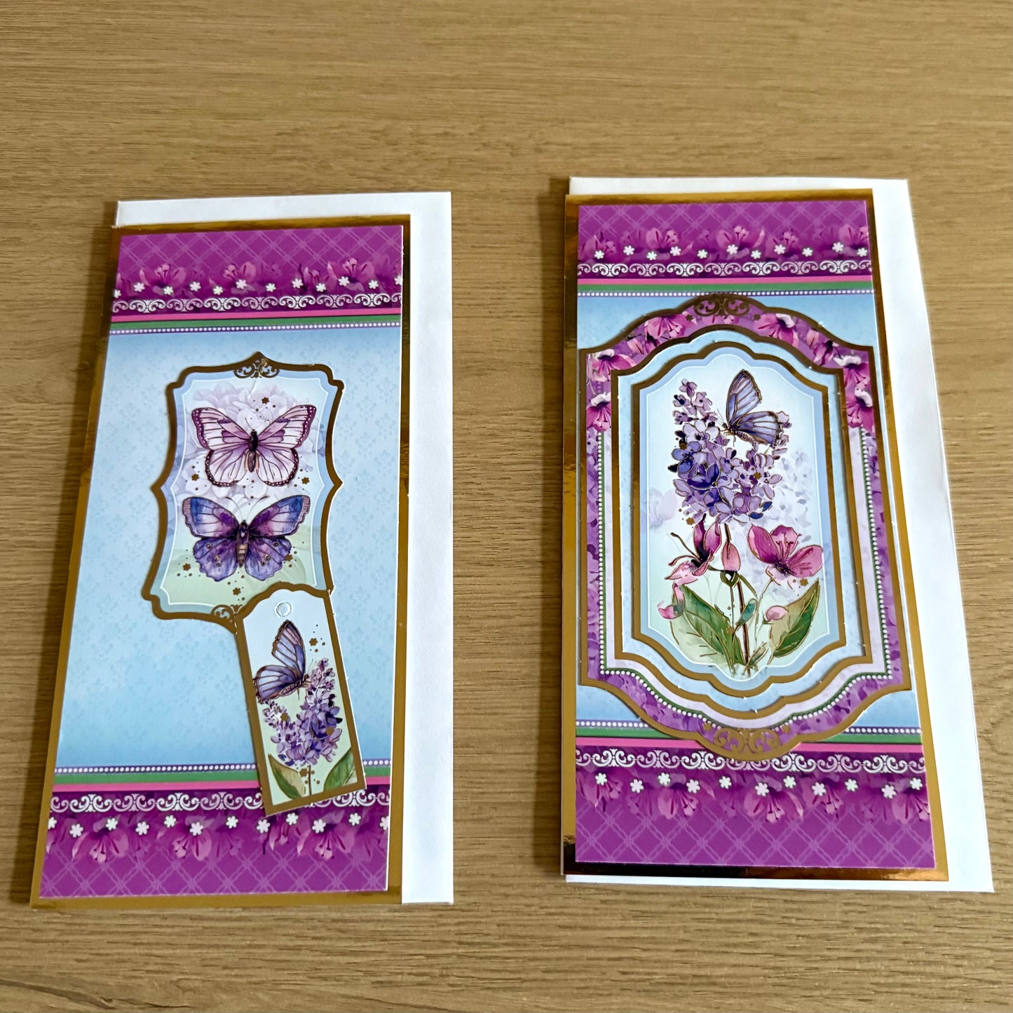 Three 8”x 4” Handmade Cards: Butterflies - Deep Pink & Pale Blue