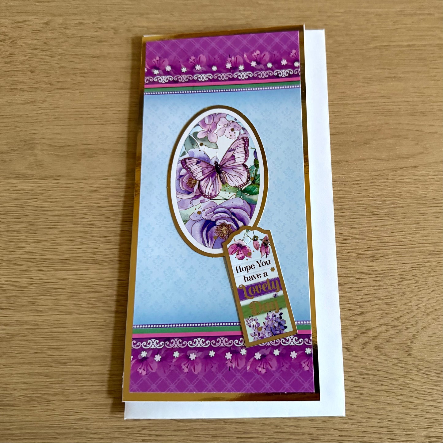 Three 8”x 4” Handmade Cards: Butterflies - Deep Pink & Pale Blue