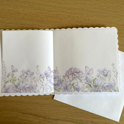 Four Handmade Cards: Flowers, Butterflies - Deep Purple & Lilac Hues