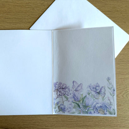 Four Handmade Cards: Flowers, Butterflies - Deep Purple & Lilac Hues
