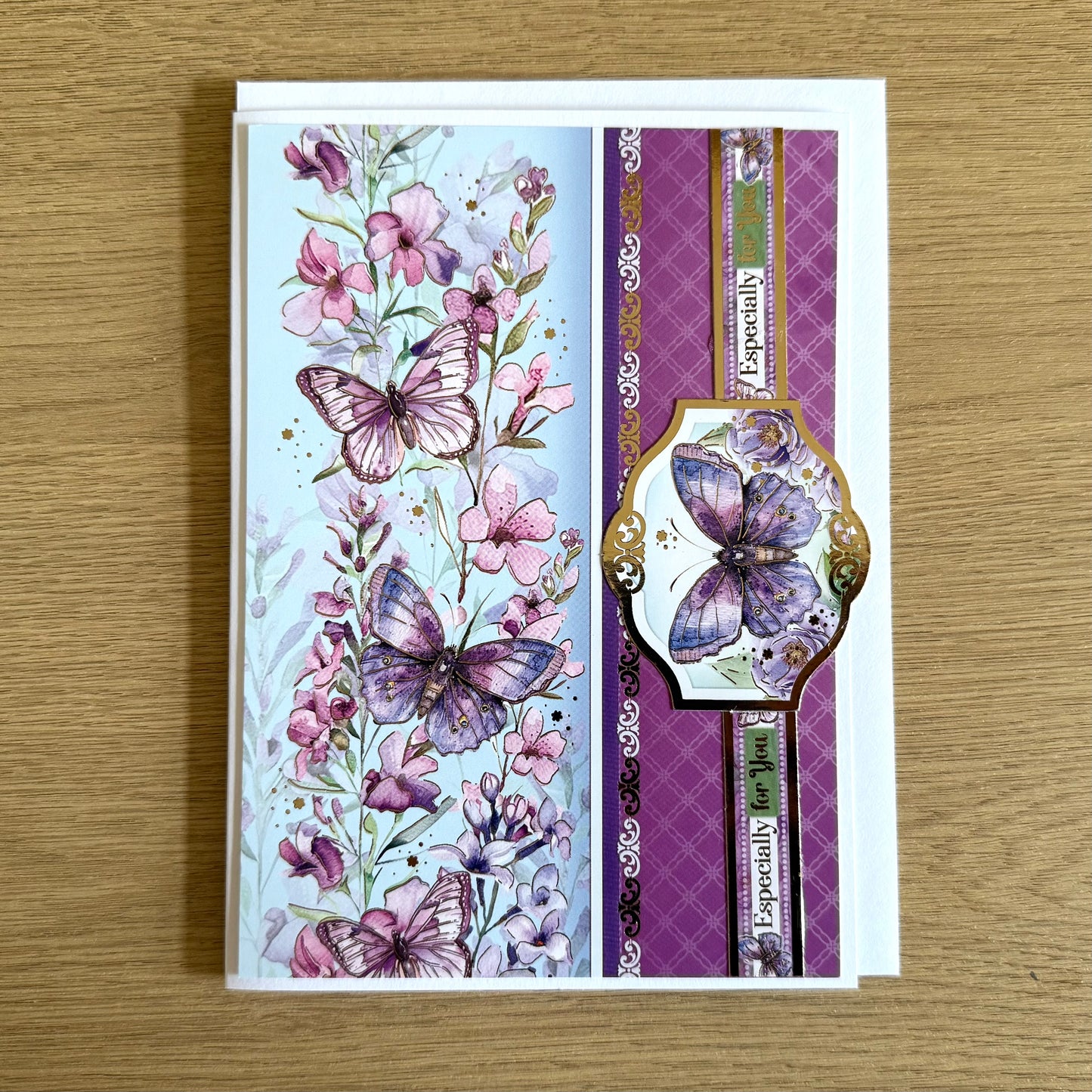 Four Handmade Cards: Flowers, Butterflies - Deep Purple & Lilac Hues