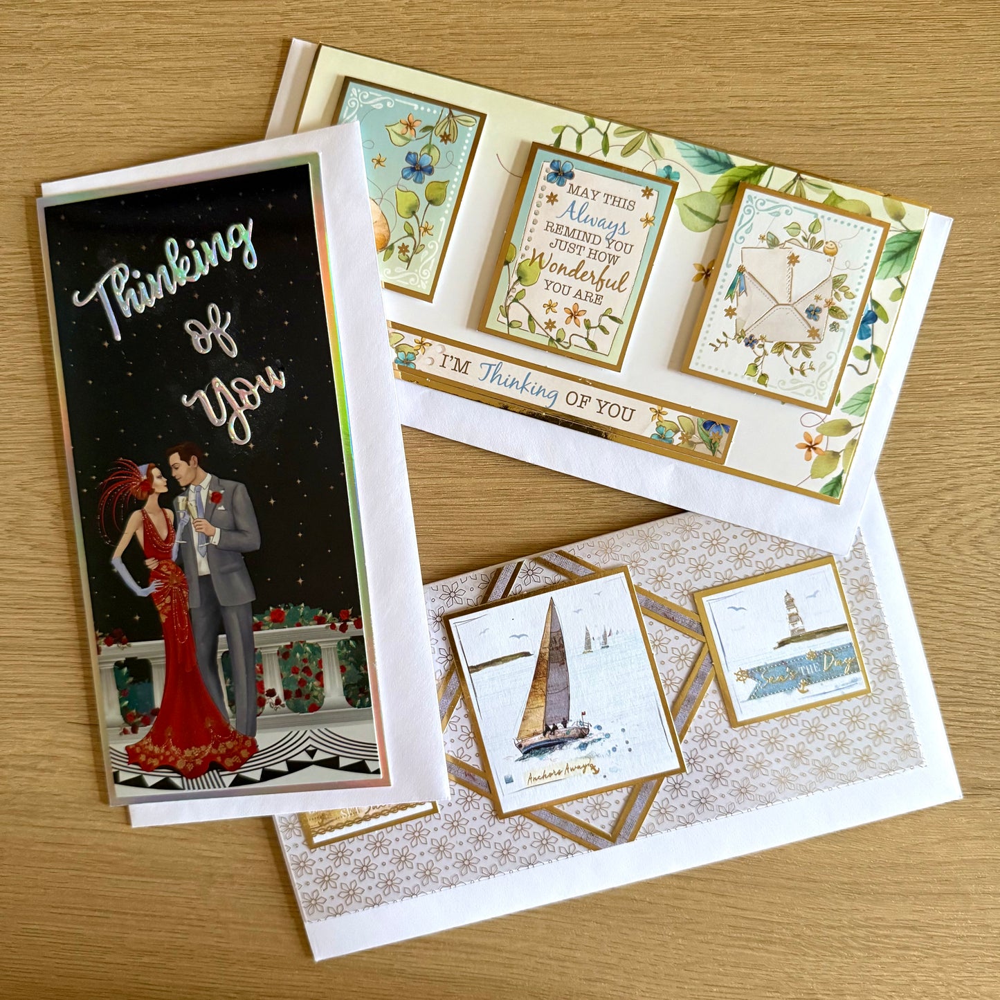 Three Handmade Slimline Cards: Art Deco Couple, Boats & ‘Thinking Of You’