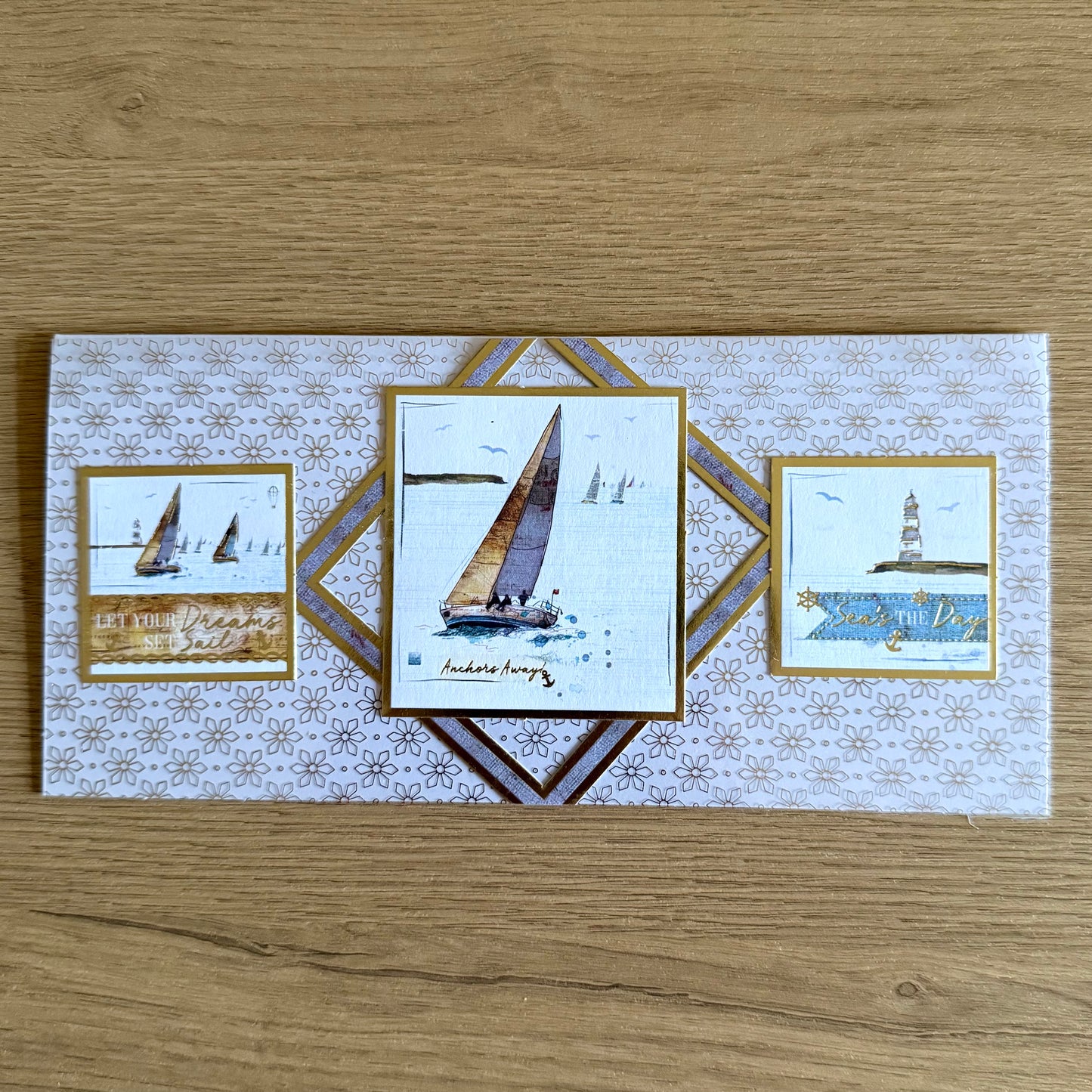 Three Handmade Slimline Cards: Art Deco Couple, Boats & ‘Thinking Of You’