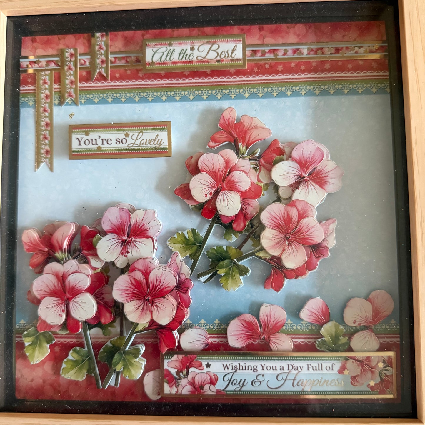 Square 3D Box Frame 8”x8” Decoupage Pink & Red Flower Picture - Joy, Happiness & All The Best