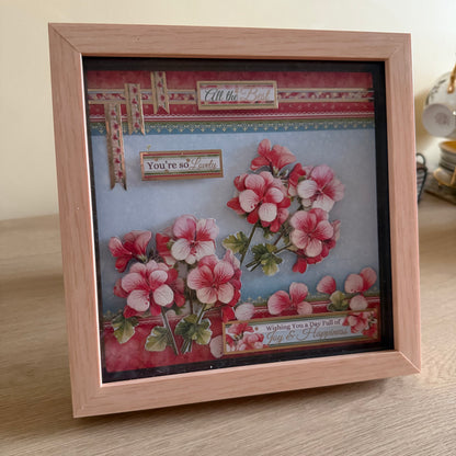 Square 3D Box Frame 8”x8” Decoupage Pink & Red Flower Picture - Joy, Happiness & All The Best