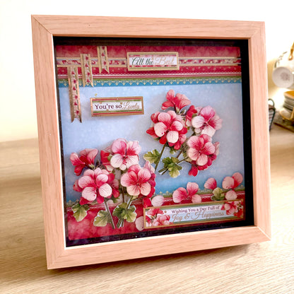 Square 3D Box Frame 8”x8” Decoupage Pink & Red Flower Picture - Joy, Happiness & All The Best
