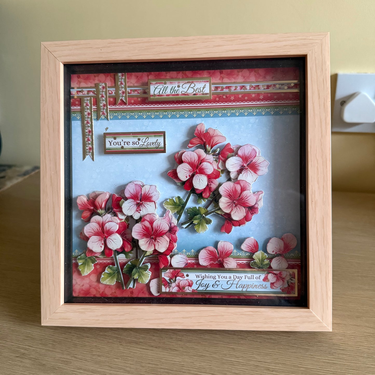 Square 3D Box Frame 8”x8” Decoupage Pink & Red Flower Picture - Joy, Happiness & All The Best