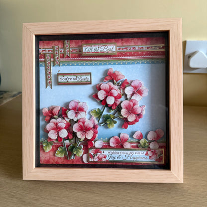 Square 3D Box Frame 8”x8” Decoupage Pink & Red Flower Picture - Joy, Happiness & All The Best