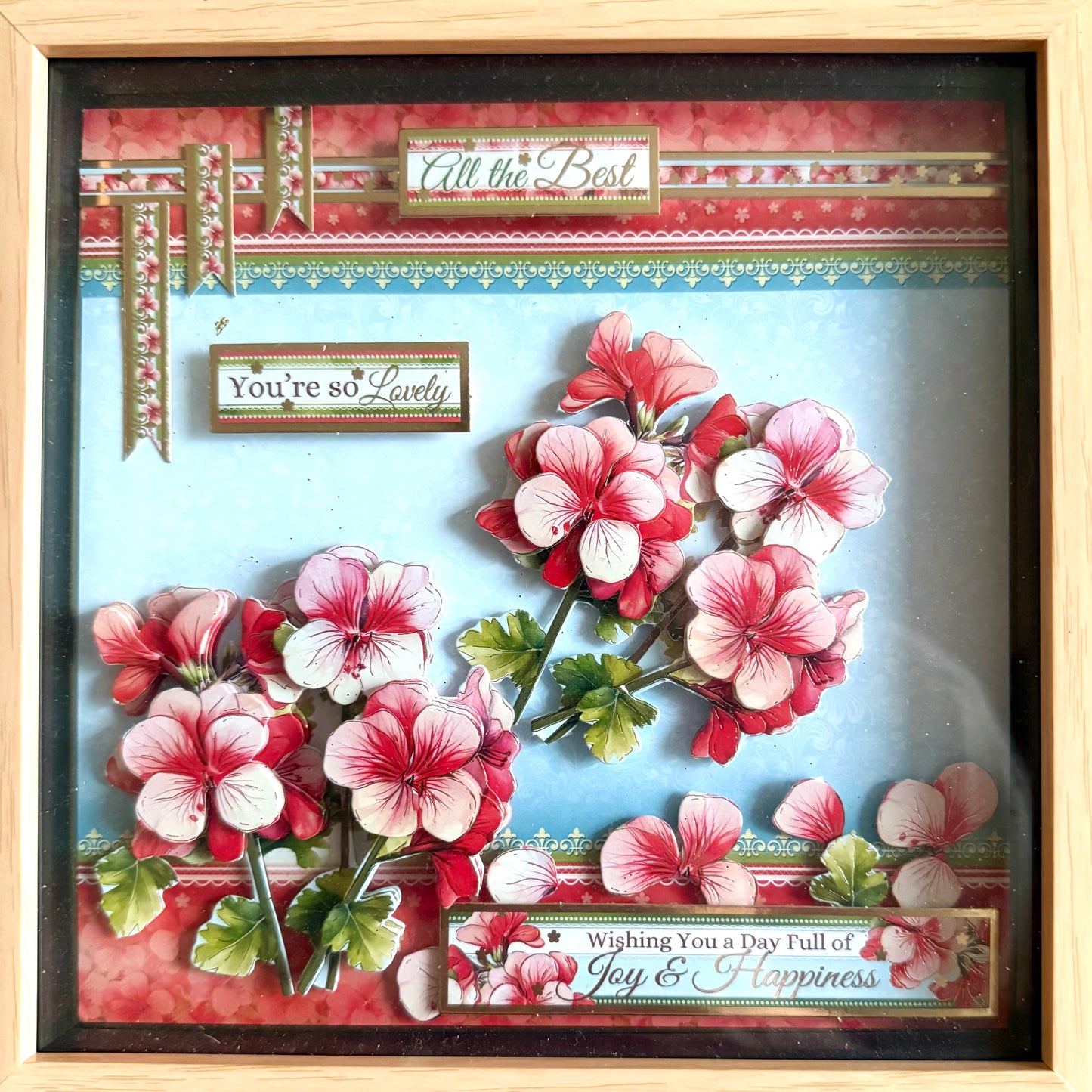 Square 3D Box Frame 8”x8” Decoupage Pink & Red Flower Picture - Joy, Happiness & All The Best